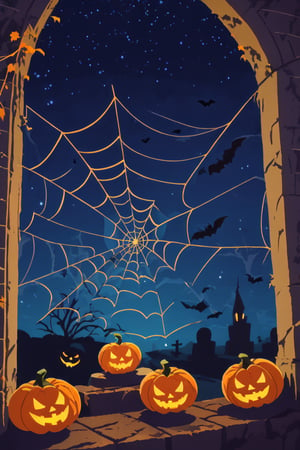 Pop Art medium shot of a halloween themed image  spider web ,pumpkin, a bat, from an anime-style illustration, rendered in realistic sketch style. The scene is framed within out of focus graveyard and night sky background that fades out of focus , adding depth and mystery.5 colors,