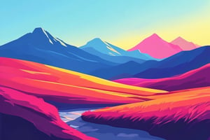 Flat art , 6 colors. Heavy line weight. Illustration scene  of a grassland with mountains in the distance environment. Simplistic.  Minimalistic.   . Vibrant color.  no shading . No highlights . Flat art