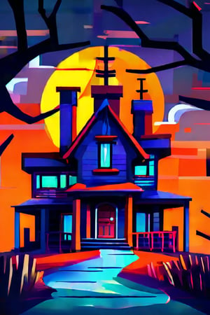 Flat art , 6 colors. Heavy line weight. Illustration scene  of a Halloween village  environment. 