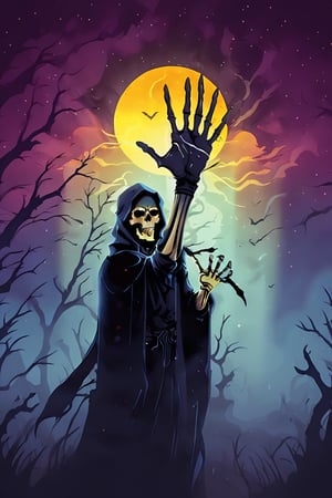 Pop Art medium shot of a Halloween themed image, Grim reaper reaching out skeletal hand towards viewer shrouded dark mist shadow glowing golden eyes,  , clouds , from an anime-style illustration, rendered in realistic sketch style. The scene is within out of focus graveyard and night sky background that fades out of focus , adding depth and mystery.,proper lighting effects