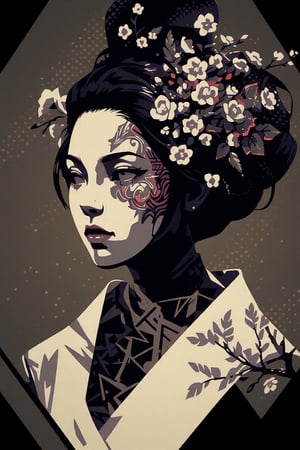 Pop Art  Pop Art  beautiful female geisha with floar Halftone geometric patterns]+ [ Sakura trees and leaves on the sides], dynamic, golden ratio, epic composition, visionary art, dmt, by Android Jones and Justin Totemical.  , proper anatomy, good hands, good feet,, black and white Coloring Pages , no shading, , Printable fantasy coloring book for adults ,  simple line art , vector lines, , , illustration, , A beautifully designed image, ink pen illustration in the style, . Crisp lines,  realistic, a page for a , high quality, better hands, better feet, extremely high-resolution details, photographic, , fine texture, incredibly lifelike perfect shadows, atmospheric lighting, volumetric lighting, sharp focus, focus on eyes, masterpiece,, simple image,  uv colors ,eon highlights,