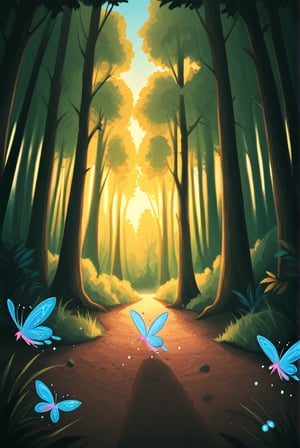 a little gnome walking  through a forest of the beaten path in a dense lush magical forest, three  quarters  view, large forest compared to the small gnome, dusk time, fire flies , sunset seen through the trees, whimsical  environment. the gnome is on the right side of the frame facing  left   towards  the center of the image and is walking towards the center of the  frame .