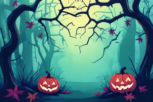 Flat art , 6 colors. Heavy line weight. Illustration scene  of a Halloween themed  environment. Simplistic.  Minimalistic.  Cute image. Sfw, pumpkins. Spider webs. Halloween  color palette. Vibrant color. ( big white Spider web between some of the trees ) no shading . No highlights . Flat art