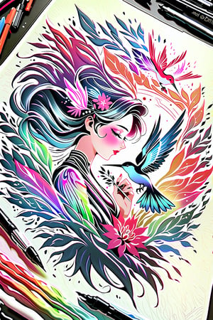 visionary art ,pen art,humming bird feeding from a flower, by Anna Dittmann and android jones, Vibrant, In Watercolour,pen art, visionary art, ,visionary art,Flat art , 6 colors. Heavy line weight. Illustration scene Simplistic. Minimalistic. Vibrant color. no shading . No highlights . Flat art