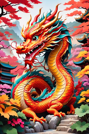 Flat art , 6 colors. Heavy line weight. Illustration, Picturesque, environment. Simplistic. Minimalistic.Vibrant color. no shading . No highlights . Flat art,(illustration),Pop Art Close-up shot of aa chinese dragon,from an anime-style illustration,  The scene is framed within a out of focus garden background that fades , 