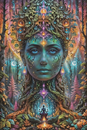 a forest of transcendence that opens up to the spirit realm surrounding breaking down physical reality into the spirit realm . human in meditation, fractals, vivid color, 
 . Spirit realm, metaphysical realm, esoteric,style , psychedelic landscape  , (masterpiece, best quality, ultra-detailed), (perfect hands, perfect anatomy), High detailed, detailed background, anatomically correct, beautiful face, detailed hands, perfect eyes, expressive eyes, score_9, score_8_up, score_7_up, best quality, masterpiece, 4k,visionary art,ULTIMATE LOGO MAKER [XL],bl4ckl1ghtxl,dd4ught3r,Halloween