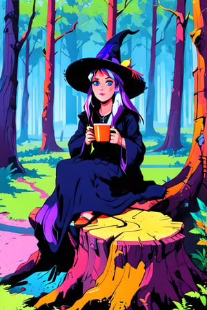 Pop Art medium shot : Illustration,  Pop Art a witch portrait shot,beautiful youn witch sits on a  old tree stump  in a  old growth forest holding cup of hot tea, she is enjoying her surronding in peace being mindful , masterpiece,7 colors, simple image,  pixel art
 7 colors, simple image, 
Pop Art , simple image, 