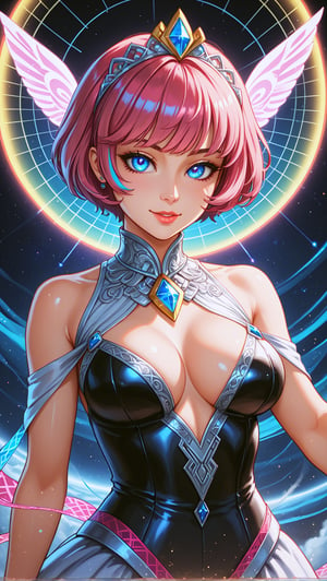 Ancient Elegant astral Goddess of love and magic by Anna Dittmann,and  android jones. Vibrant, visionary art, visionary art,hyper detailed,short pixie hair,short hair, pixie haircut, beautiful intricate detailed garment design,elegant headpiece, perfected facial detail, medium shot, strait forward pose, looking directly into viewer,  detailed eyes, natural lighting, epic composition, dynamic image, with feeling of desire and Majesty, uv color highlights, uv highlights colors, symmetrical image .center composition.symmetrical,over layers of sacred geometry, energy ribbons, psychedelic elements,Geometric Halftone,geometric patterns, sacred geometry,magical energy,visionary,Psychedelic, HDR,HD,sharp focus, ultra detail,high detail, dynamic, epic composition, visionary art ,,uv highlights,neon edges, high detail, ,sharp focus,   hd, rich tones (perfect hands, perfect anatomy), High detailed, detailed background, anatomically correct,
 . Spirit realm, metaphysical realm, esoteric,style , psychedelic landscape  , (masterpiece, best quality, ultra-detailed), (perfect hands, perfect anatomy), High detailed, detailed background, anatomically correct , beautiful face, detailed hands, perfect eyes, expressive eyes, score_9, score_8_up, score_7_up, best quality, masterpiece, 4k,visionary art,ULTIMATE LOGO MAKER [XL],bl4ckl1ghtxl,dd4ught3r,Sexy Girl score_9_up,extremely detailed,concept,Sexy Girl