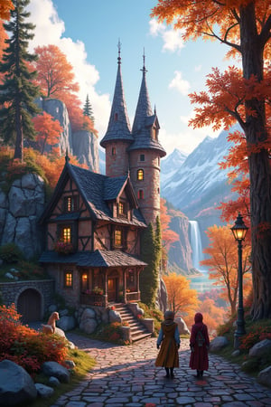  Beautiful Elven storybook cottage in a Fantasy Elven Village in autumn , mountains and waterfalls in the distance,Cobblestone road,atmospheric sun rays, gnomes elf villagers walking around,Trees, Hyperdetailed, colourful, digital Concept art, done on procreate,lightroom, Renaissance architecture, Lovely, Picturesque, Art by Eddie Mendoza, Studio Ghibli, Geometric Jean-baptiste Monge, Ivan Shishkin, Jordan Grimmer, An Jung-Hwan, yoann lossel, marc simonetti, HD, 8k