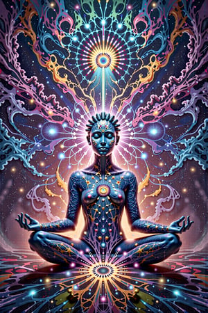 this person sits in a different dimension  as they have  transcended their ego mind  opens up to the spirit realm surrounding them. human in meditation, fractals, vivid color, "Visionary art is art that purports to transcend the physical world and portray a wider vision of awareness including spiritual or mystical themes, or is based in such experiences." , psychedelic visionary art ,spirits,spirit guides,DMT Environment . Shamanic visions , ayahuasca visions . Spirit realm, metaphysical realm, esoteric,style, full body human,medium shot, perfect anatomy , psychedelic landscape surrounding the person ,environment overlayed with ripples of fractal energy (masterpiece, best quality, ultra-detailed), (perfect hands, perfect anatomy), High detailed, detailed background, anatomically correct, beautiful face, detailed hands, perfect eyes, expressive eyes, score_9, score_8_up, score_7_up, best quality, masterpiece, 4k,visionary art,ULTIMATE LOGO MAKER [XL],bl4ckl1ghtxl, by Jonathan Solter and Fabian Jimenez,ElohProjects, simon haiduk