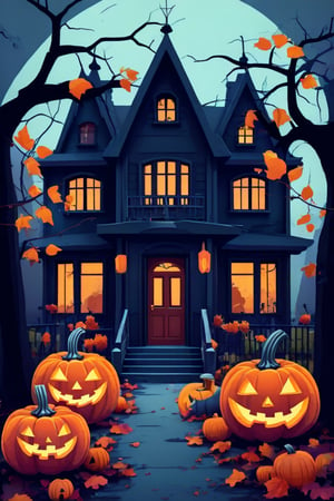 Flat art , 6 colors. Heavy line weight. Illustration scene  of a Halloween village  environment. Simplistic.  Minimalistic.  Cute image. Sfw, pumpkins. Spider webs. Halloween  color palette. 