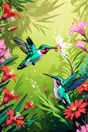 masterpiece), (best quality), (ultra detailed),(illustration),Pop Art Close-up shot of aa hummingbird feeding from a flower,from an anime-style illustration, rendered in realistic sketch style. The scene is framed within a out of focus garden background that fades , adding depth and mystery.