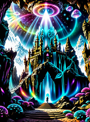 ((In the center of the MYSTICAL cave entrance surrounded by a large crystal formations is a GIANT  CASTLE  AND A  SEMI TRANSPARENT UFO MADE OF ASTRAL ENERGY HOVERS OF THE CASTLE THAT IS  MADE OUT OF SPIRITUAL ENERGY, it is made of translucent light and spiritual energy)) . A magical land psychedelic landscape wonderland with a  Guardian Spirit to watch over all. Dmt visuals. (visionary art style). ((symmetrical)) , uv, neon., uv highlights 
 fractals, sacred  geometry  and vivid color, (perfect symmetry),
 . Spirit realm, psychedelic landscape  , (masterpiece, best quality, ultra-detailed),, High detailed, detailed background, score_9, score_8_up, score_7_up, best quality, masterpiece,)) 4k,visionary art, everything fits into the image,