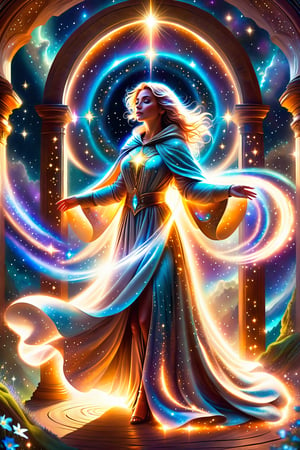 a female  angel shrouded in cloak of light and stars descends down to earth ,portals of light ,light being,stars,enchanted,fantasy,visionary art,dynamic beautiful environment , 