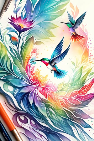 visionary art ,pen art,humming bird feeding from a flower, by Anna Dittmann and android jones, Vibrant, In Watercolour,pen art, visionary art, ,visionary art,Flat art , 6 colors. Heavy line weight. Illustration scene Simplistic. Minimalistic. Vibrant color. no shading . No highlights . Flat art