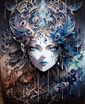 visionary art ,pen art,Dark Dramatic Ancient Elegant Egyptian Rain Goddess by Anna Dittmann and android jones, Vibrant, In Watercolour,pen art, visionary ary