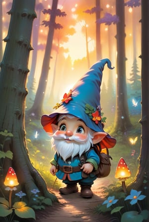 a little gnome walking  through a forest , three  quarters  view, large forest small gnome, dusk time, fire flies , sunset seen through the trees, whimsical  environment. 