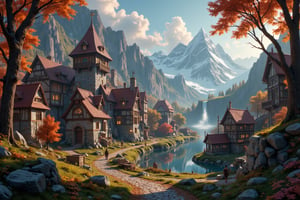  Beautiful Elven university and storybook cottages and shops  in a Fantasy Elven Village in autumn , mountains and waterfalls in the distance,Cobblestone road,atmospheric sun rays, gnomes elf villagers walking around,Trees, Hyperdetailed, colourful, digital Concept art, done on procreate,lightroom, Renaissance architecture, Lovely, Picturesque, Art by Eddie Mendoza, Studio Ghibli, Geometric Jean-baptiste Monge, Ivan Shishkin, Jordan Grimmer, An Jung-Hwan, yoann lossel, marc simonetti, HD, 8k,