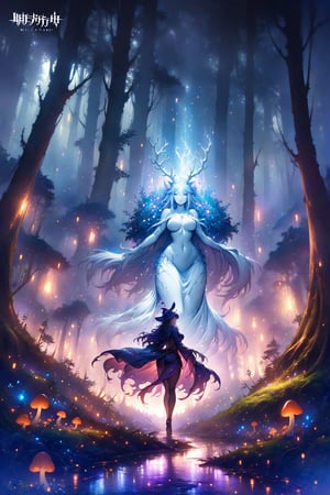a beautiful curvaceous witch with a nice bottom walks through a dense fantasy forest that is filled with mushrooms and fairy's comes across a clearing with a glowing white stag in the clearing there is rays of light shining down onto the white stag which looking at the witch,digital concept art hd,rich tones,hdr,by brian froud, (perfect hands)