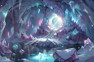 a crystal cave open up to a snow landscape with a giant portal of transcendent light  beaming up into the sky, 