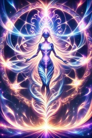  visionary art ,pen art, (symmetrical), spirit guide among a matrix of energy and light,bl4ckl1ghtxl,,transparent caustics light ,epic composition,universal energy, uv pastel colours, sacred geometry