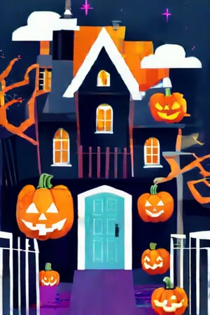 Flat art , 6 colors. Heavy line weight. Illustration scene  of a Halloween village  environment. Simplistic.  Minimalistic.  Cute image. Sfw, pumpkins. Spider webs. Halloween  color palette. 