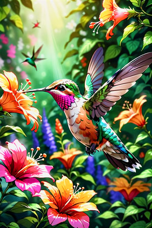 masterpiece), (best quality), (ultra detailed),(illustration),Pop Art Close-up shot of aa hummingbird feeding from a flower,from an anime-style illustration, rendered in realistic sketch style. The scene is framed within a out of focus garden background that fades , adding depth and mystery.