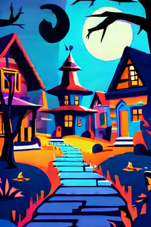 Flat art , 6 colors. Heavy line weight. Illustration scene  of a Halloween village  environment. 