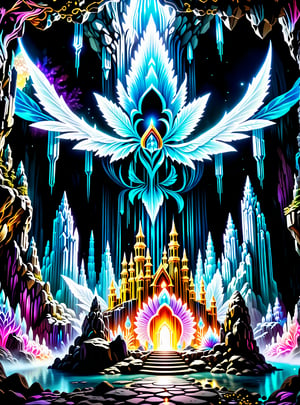 In the center of the cave entrance surrounded by a large crystal formations is a GIANT  CASTLE SPIRIT THAT IS MADE OUT OF SPIRITUAL ENERGY, it is made of translucent light and spiritual energy . A magical land psychedelic landscape wonderland with a  Guardian Spirit to watch over all. Dmt visuals. (visionary art style). ((symmetrical)) , uv, neon., uv highlights 
 fractals, sacred  geometry  and vivid color, (perfect symmetry),
 . Spirit realm, psychedelic landscape  , (masterpiece, best quality, ultra-detailed),, High detailed, detailed background, score_9, score_8_up, score_7_up, best quality, masterpiece,)) 4k,visionary art, everything fits into the image,