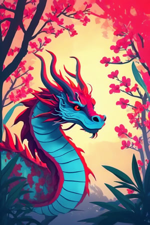 Flat art , 6 colors. Heavy line weight. Illustration scene ,Pop Art Close-up shot of aa chinese dragon  The scene is framed within a out of focus garden background that fades , . Simplistic.  Minimalistic.    Vibrant color.  no shading . No highlights . Flat art