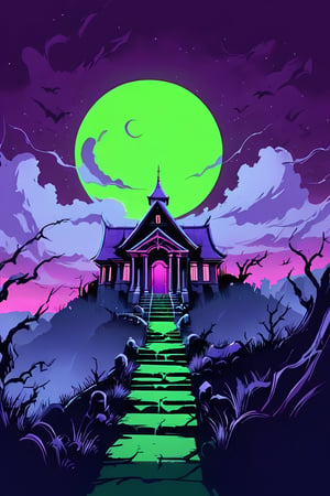 Pop Art medium shot of a halloween themed image, ,vampire manor on a hillside, green moon, clouds , from an anime-style illustration, rendered in realistic sketch style. The scene is within out of focus graveyard and night sky background that fades out of focus , adding depth and mystery.5 colors, simple image, colors, neon green, neon purple, dark blue, neon orange,dark purple,proper lighting effects