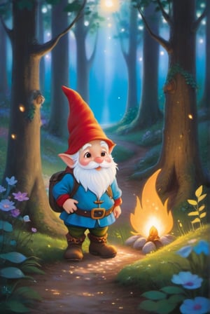 a little gnome walking  through a forest , three  quarters  view, large forest small gnome, dusk time, fire flies , sunset seen through the trees, whimsical  environment. the gnome is on the right side of the frame facing  left  walking towards the center of the  frame .