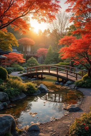 A serene Japanese Zen garden in autumn, with a traditional wooden bridge arching over a koi pond, surrounded by meticulously raked gravel and vibrant red, orange, and yellow maple trees. The garden is framed by a low stone lantern and a moss-covered stone path leading to a small, peaceful teahouse. The scene is bathed in soft, golden late afternoon light, casting long shadows and highlighting the autumn foliage. The composition is balanced, with the bridge and pond in the foreground, and the teahouse and trees in the background, creating a sense of tranquility and harmony.,environment overlayed with ripples of fractal energy (masterpiece, best quality, ultra-detailed),visionary art ,fractals,light energy,psychedelic,trippy, LSD visuals  