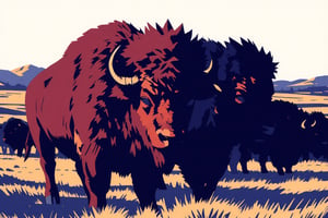 Pop Art   bison  on the plains, panoramic view, extremely high-resolution details, photographic, realism pushed to extreme, fine texture, incredibly lifelike perfect shadows, atmospheric lighting, volumetric lighting, sharp focus, focus on eyes, masterpiece,5 colors, simple image, 