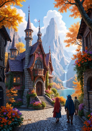  Beautiful Elven storybook cottage in a Fantasy Elven Village in autumn , mountains and waterfalls in the distance,Cobblestone road,atmospheric sun rays, gnomes elf villagers walking around,Trees, Hyperdetailed, colourful, digital Concept art, done on procreate,lightroom, Renaissance architecture, Lovely, Picturesque, Art by Eddie Mendoza, Studio Ghibli, Geometric Jean-baptiste Monge, Ivan Shishkin, Jordan Grimmer, An Jung-Hwan, yoann lossel, marc simonetti, HD, 8k