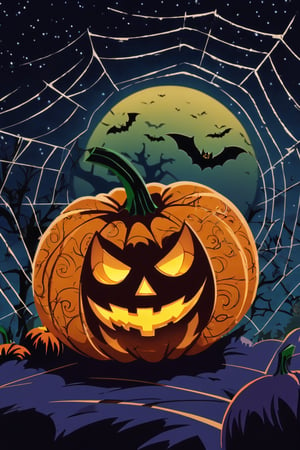 Pop Art medium shot of a halloween themed image  spider web ,pumpkin, a bat, from an anime-style illustration, rendered in realistic sketch style. The scene is framed within out of focus graveyard and night sky background that fades out of focus , adding depth and mystery.5 colors,