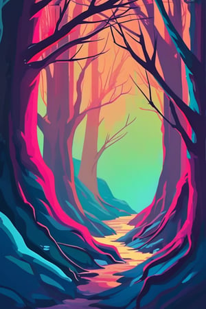 Flat art , 6 colors. Heavy line weight. Illustration scene  of a old growth forest  environment. Simplistic.  Minimalistic.   Spider webs. Vibrant color.  no shading . No highlights . Flat art