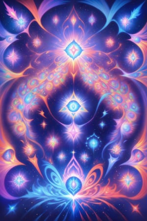  visionary art ,pen art, (symmetrical), spirit guide among a matrix of energy and light,bl4ckl1ghtxl,,transparent caustics light ,epic composition,universal energy, uv pastel colours, sacred geometry, divine being in the comsic astral matrix of another reality,