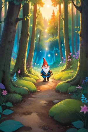 a little gnome walking through a forest of the beaten path in a dense lush magical forest, three quarters view, large forest compared to the small gnome, dusk time, fire flies , sunset seen through the trees, whimsical environment. the gnome is on the right side of the frame facing left towards the center of the image and is walking towards the center of the frame .