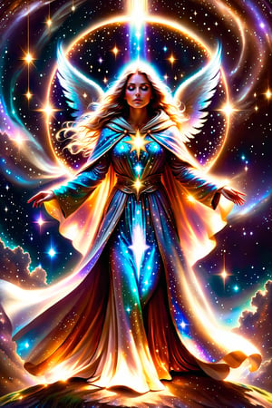 a female  angel shrouded in cloak of light and stars decends down to earth ,portals,light being,stars,enchanted,fantasy,visionary art