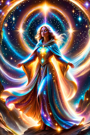 a female  angel shrouded in cloak of light and stars decends down to earth ,portals,light being,stars,enchanted,fantasy,visionary art