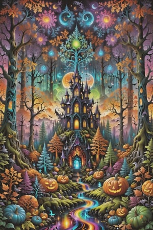 a forest of transcendence that opens up to the surroundings breaking down physical reality into the spirit realm . , fractals, vivid color, 
 . Spirit realm, metaphysical realm, esoteric,style , psychedelic landscape  , (masterpiece, best quality, ultra-detailed), (perfect hands, perfect anatomy), High detailed, detailed background, anatomically correct, , score_9, score_8_up, score_7_up, best quality, masterpiece, 4k,visionary art,ULTIMATE LOGO MAKER [XL],bl4ckl1ghtxl,dd4ught3r,Halloween