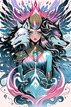 visionary art ,pen ink art medium ,Dark Dramatic Ancient Elegant Egyptian Goddess and a wolf spirit, by Anna Dittmann and android jones, Vibrant, done with Watercolour and pen ink, visionary art, symmetrical ,visionary art,Flat art , 6 colors. Heavy line weight. Illustration scene Dark Dramatic Ancient Elegant Egyptian Rain Goddes and her wolf and dragon water spirits, Simplistic. Minimalistic. Vibrant color. no shading . No highlights . Flat art