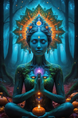 a forest of transcendence that opens up to the spirit realm surrounding breaking down physical reality into the spirit realm . human in meditation, fractals, vivid color, 
 . Spirit realm, metaphysical realm, esoteric,style , psychedelic landscape  , (masterpiece, best quality, ultra-detailed), (perfect hands, perfect anatomy), High detailed, detailed background, anatomically correct, beautiful face, detailed hands, perfect eyes, expressive eyes, score_9, score_8_up, score_7_up, best quality, masterpiece, 4k,visionary art,ULTIMATE LOGO MAKER [XL],bl4ckl1ghtxl,dd4ught3r,Halloween