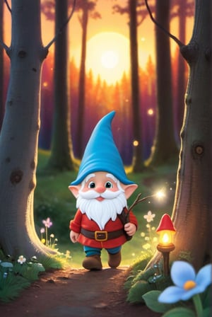 a little gnome walking  through a forest , three  quarters  view, large forest small gnome, dusk time, fire flies , sunset seen through the trees, whimsical  environment. the gnome is on the right side of the frame facing  left  walking towards the center of the  frame .