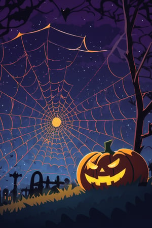 Pop Art medium shot of a halloween themed image,  spider web ,pumpkin, a bat, from an anime-style illustration, rendered in realistic sketch style. The scene is framed within out of focus graveyard and night sky background that fades out of focus , adding depth and mystery.5 colors,