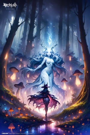 a beautiful curvaceous witch with a nice bottom walks through a dense fantasy forest that is filled with mushrooms and fairy's comes across a clearing with a glowing white stag in the clearing there is rays of light shining down onto the white stag which looking at the witch,digital concept art hd,rich tones,hdr,by brian froud