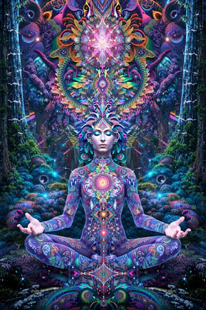 this person sits in a forest and transcends their ego mind and opens up to the spirit realm surrounding them. human in meditation, fractals, vivid color, "Visionary art is art that purports to transcend the physical world and portray a wider vision of awareness including spiritual or mystical themes, or is based in such experiences." , psychedelic visionary art ,animal spirits, ,spirits,spirit guides, , . Shamanic visions , ayahuasca visions . Spirit realm, metaphysical realm, esoteric,style, full body human,medium shot, perfect anatomy , psychedelic landscape surrounding the person , (masterpiece, best quality, ultra-detailed), (perfect hands, perfect anatomy), High detailed, detailed background, anatomically correct, beautiful face, detailed hands, perfect eyes, expressive eyes, score_9, score_8_up, score_7_up, best quality, masterpiece, 4k,visionary art,ULTIMATE LOGO MAKER [XL],bl4ckl1ghtxl