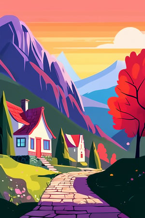 Flat art , 6 colors. Heavy line weight. Illustration scene Beautiful Elven storybook cottage in a Fantasy Elven Village in autumn , mountains and waterfalls in the distance,Cobblestone road,atmospheric sun rays,  colourful,  Renaissance architecture, Lovely, Picturesque,   environment. Simplistic.  Minimalistic.   Spider webs. Vibrant color.  no shading . No highlights . Flat art