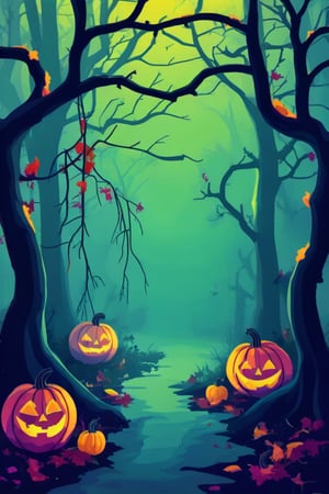 Flat art , 6 colors. Heavy line weight. Illustration scene  of a Halloween themed  environment. Simplistic.  Minimalistic.  Cute image. Sfw, pumpkins. Spider webs. Halloween  color palette. Vibrant color. (Spider webs between some of the trees )